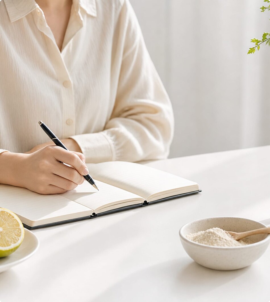 ノートに書きものをする様子と Fiber のパウダー