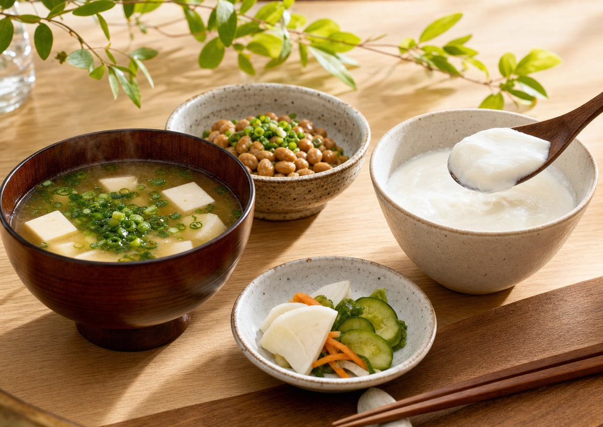 味噌汁・納豆・ヨーグルト・漬物など発酵食品が並んだ食卓