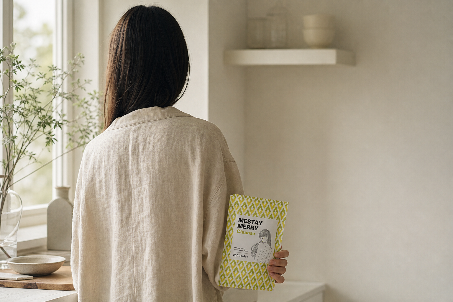 MESTAY MERRY の朝の窓辺 — グラスに注がれた水と Cleanse のボトル
