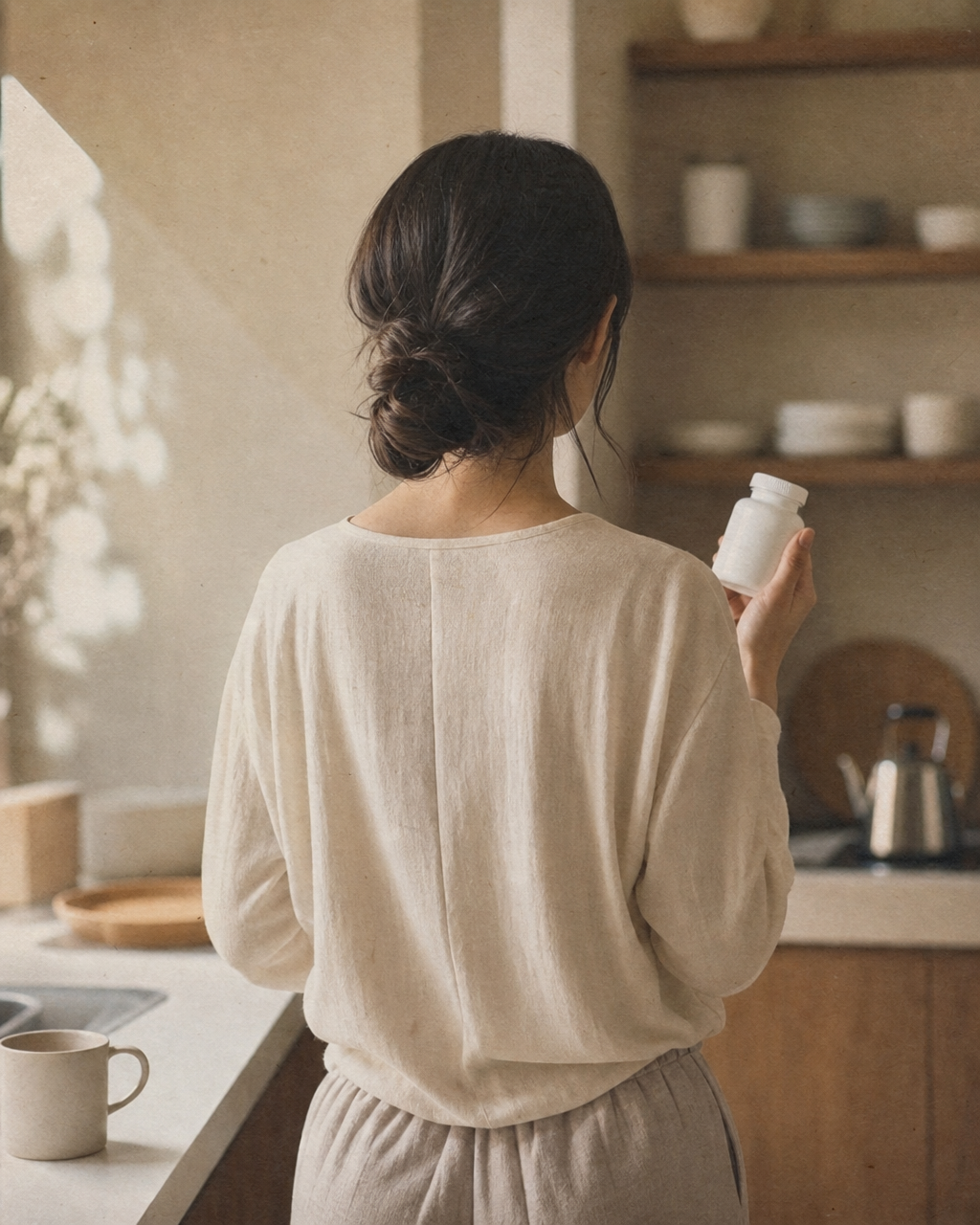 朝のキッチンで Cleanse を手にする Mikiko さんの後ろ姿